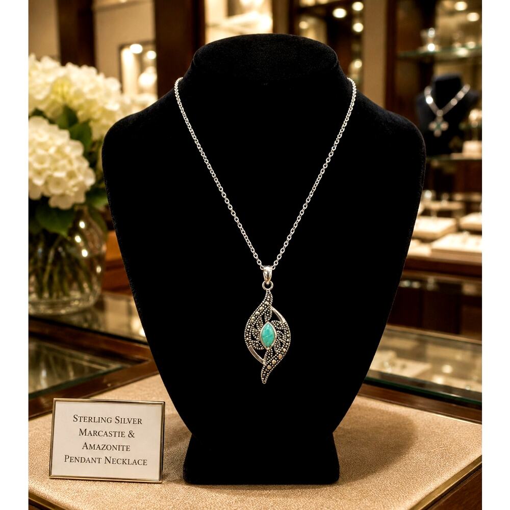 Vintage Marcasite Necklace Green Marquise Stone Art Nouveau Pendant